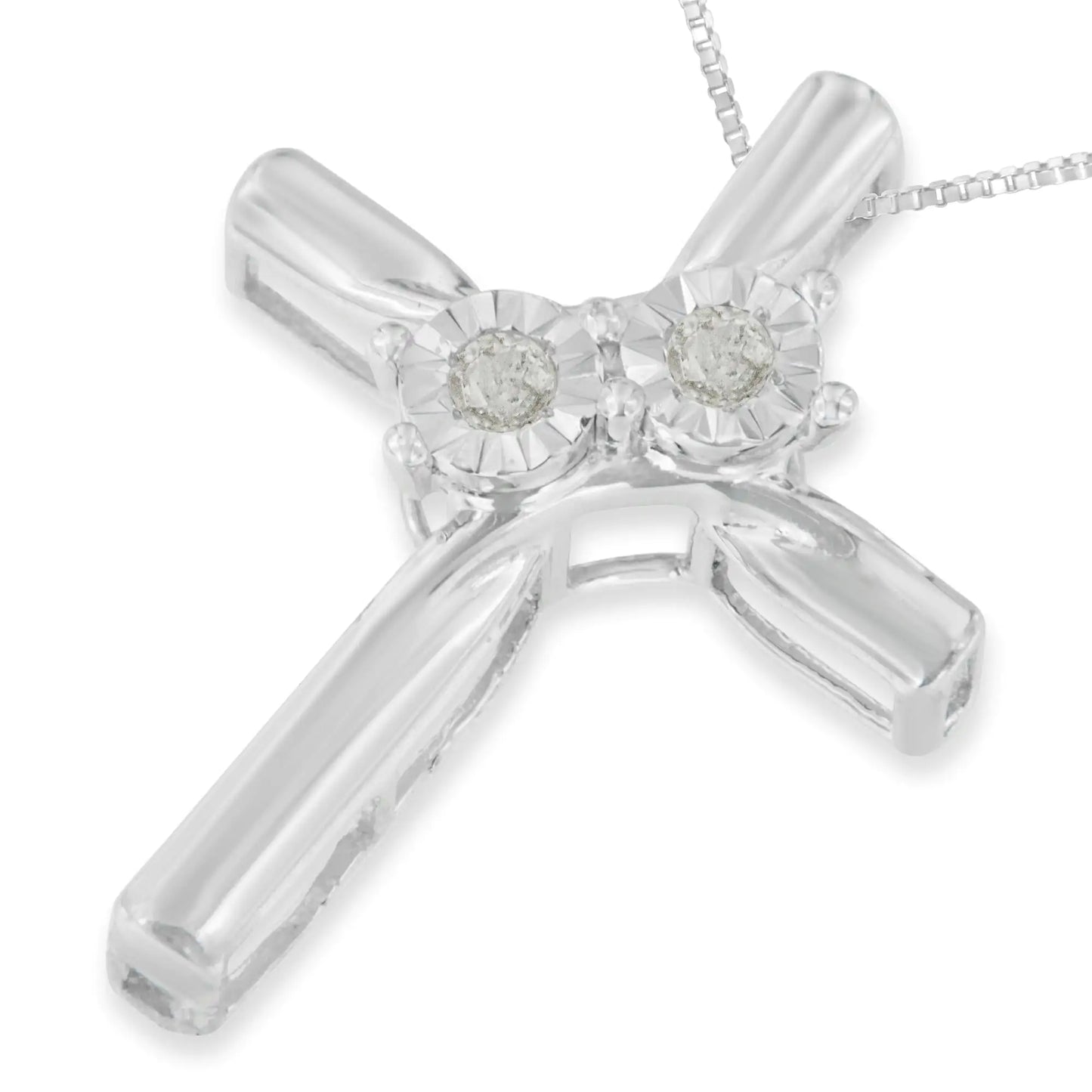 .925 Sterling Silver 1/10 Cttw Diamond Miracle-Set 2 Stone 'Together Forever' Curved Cross 18” Pendant Necklace (I-J Color, I2-I3 Clarity)