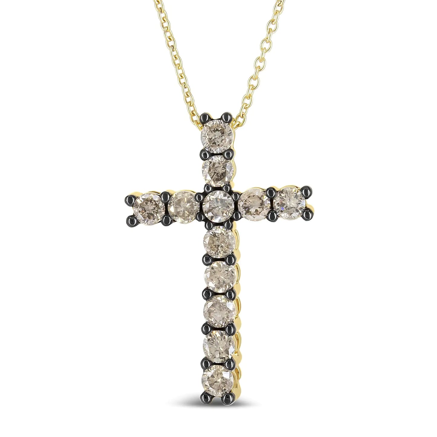 10K Yellow Gold Plated .925 Sterling Silver 1.00 Cttw Traditional Diamond Cross 18" Pendant Necklace (Champagne color, I2-I3 Clarity)