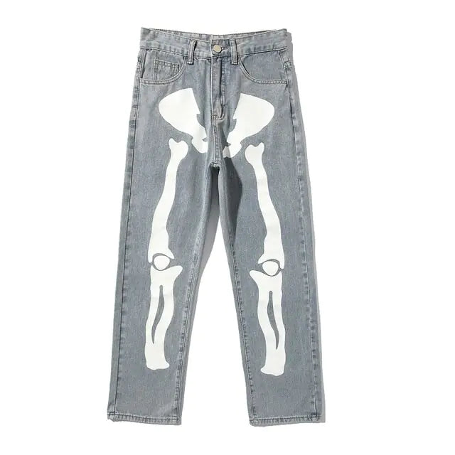 Wide Leg Skeleton Print Jeans