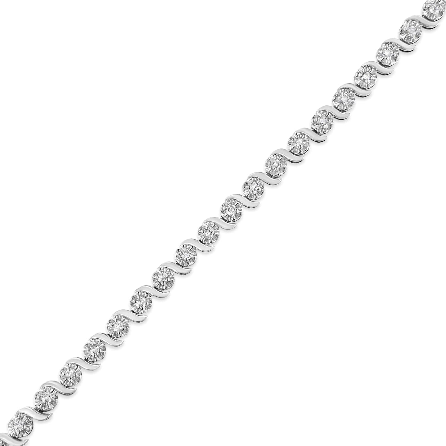 .925 Sterling Silver 1.0 Cttw Diamond Spiral Wave Curved-Link 7" Tennis Bracelet (I-J Color, I3 Clarity)