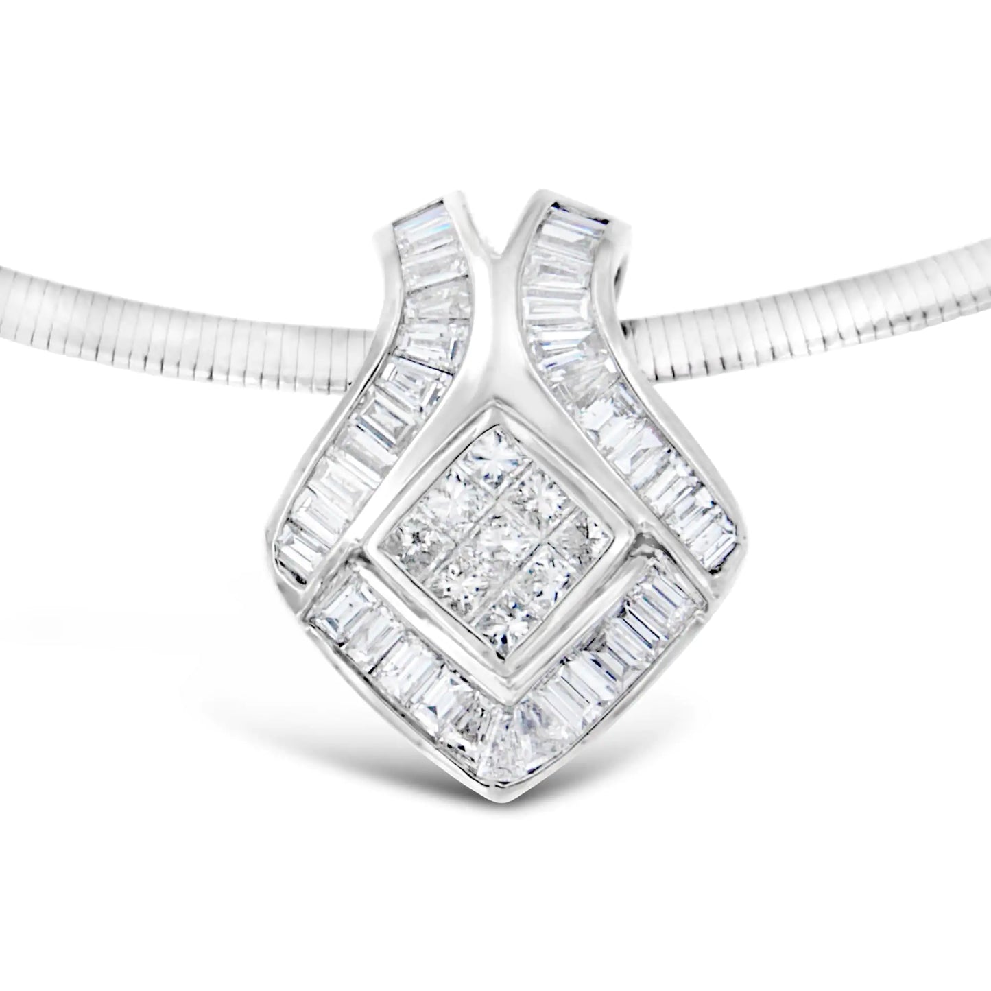 14K White Gold Princess-Cut Diamond and Baguette Diamond Pendant Necklace (2.84cttw, G-H color, SI2-I1 clarity)