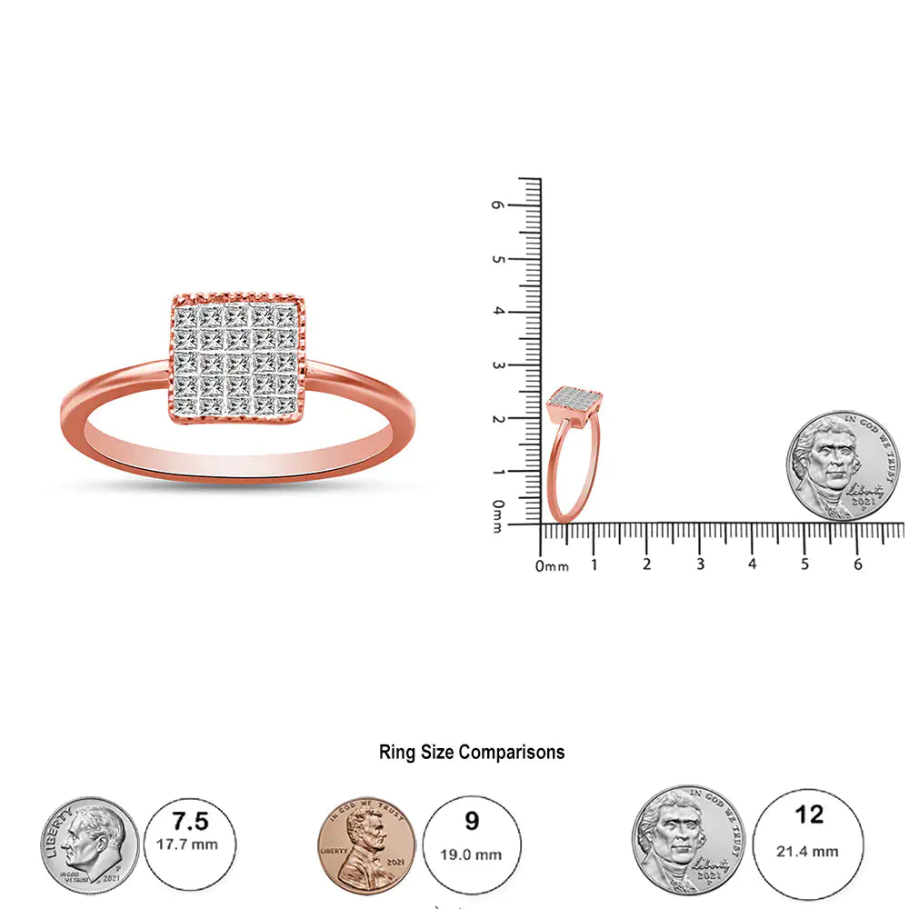 10K Rose Gold 1/3 Cttw Invisible Set Princess Cut Diamond Composite Square Shape Ring for Women (H-I color, I1-I2 clarity)