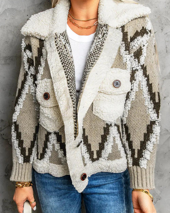 Multicolored Spliced Sherpa Collared Neck Cardigan