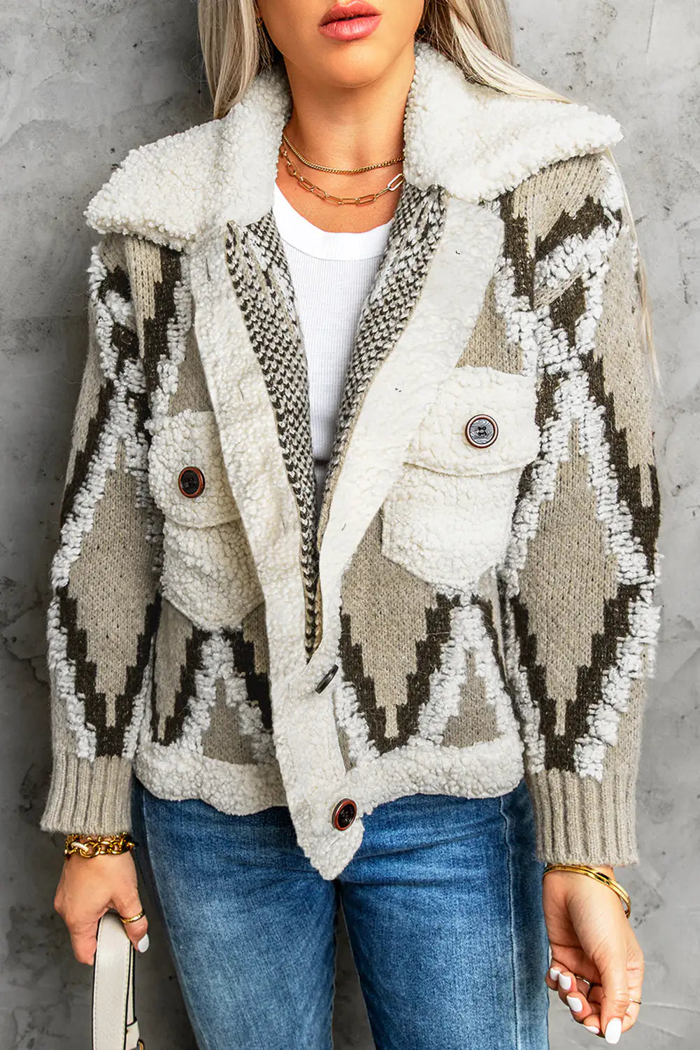 Multicolored Spliced Sherpa Collared Neck Cardigan