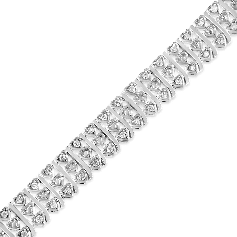 .925 Sterling Silver 1.00 Cttw Diamond Multi Row Heart Link Bracelet (H-I Color, I1-I2 Clarity) - 7.25" Inches