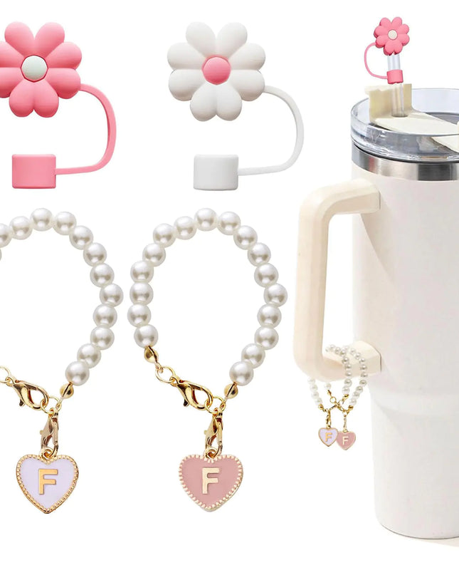 LUHOHI Charms for Stanley Cup，2pcs Pearl Chain for Stanley Cup Accessories Initial Letter Charms Handle with 2pcs Straw covers Stuff Decor Water Bottle Jewelry Tumbler Personalized Decorations Tag F
