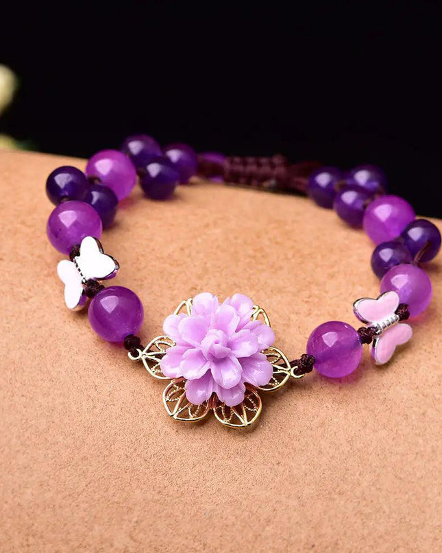 Purple Jade and Amethyst Lotus Healing Bracelet