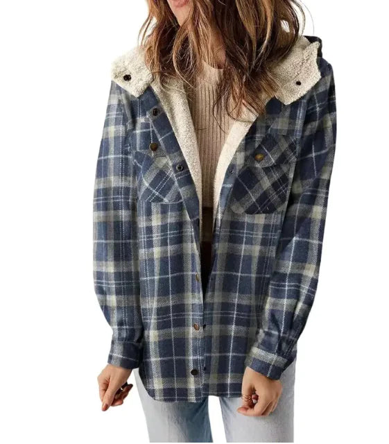 Casual Plaid Hooded Woolen Coat Thickened Fleece-lined Warm Jacket