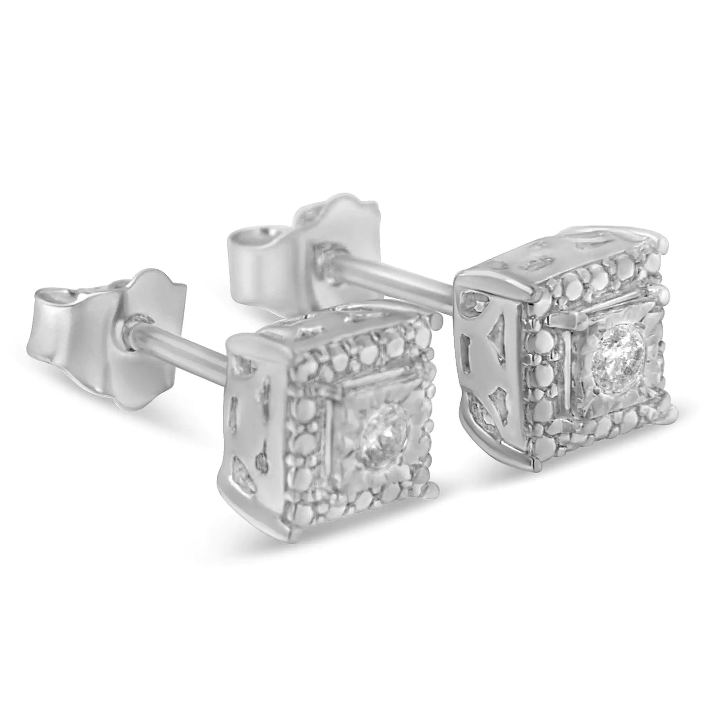 .925 Sterling Silver 1/10 Cttw Round Brilliant-Cut Near Colorless Diamond Miracle-Set Beaded Square Stud Earrings (H-I Color, I2-I3 Clarity)