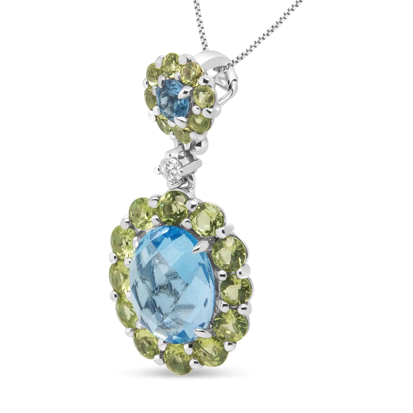 18k White Gold 0.05 Cttw Round Diamond and Blue Topaz and Green Peridot Gemstone Halo Drop 18" Pendant Necklace (F-G Color, VS1-VS2 Clarity)