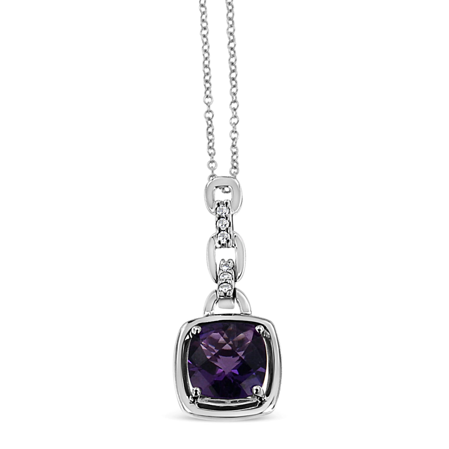 .925 Sterling Silver 6x6MM Cushion Shaped Natural Purple Amethyst and Diamond Accented Bale 18" Inch Pendant Necklace (I-J Color, I1-I2 Clarity)