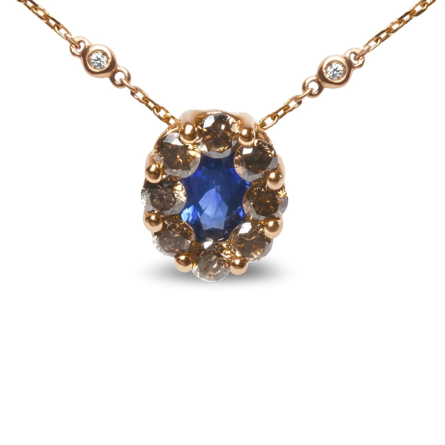 18K Rose Gold 5/8 Cttw White and Brown Diamond Accent and 7 x 4mm Oval Blue Sapphire Gemstone Statement Halo Cluster Pendant Necklace (Brown and G-H Color, SI1-SI2 Clarity) - Adjustable up to 16" - 18"