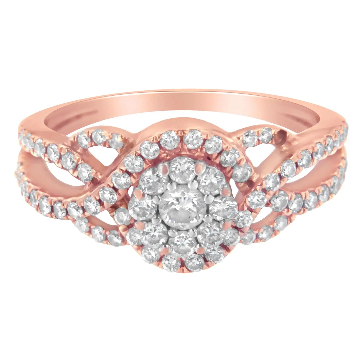 10K Rose Gold 3/4 Cttw Diamond Floral Cluster Head and Twisted Shank Cocktail  Ring (H-I Color, SI1-SI2 Clarity)-