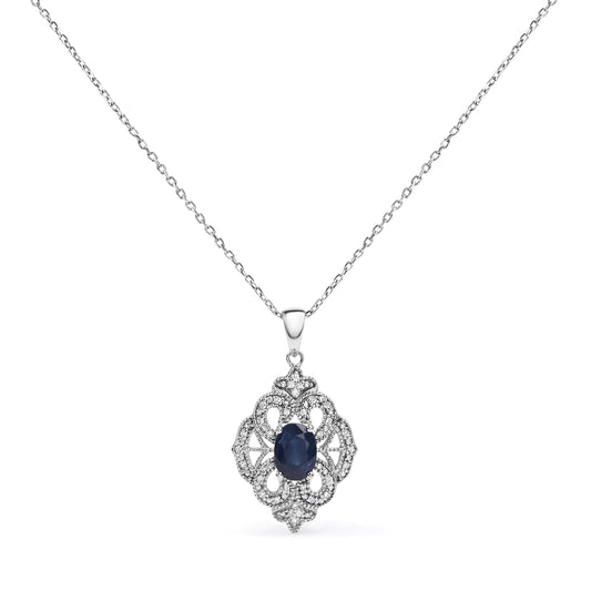 .925 Sterling Silver 7x5 MM Oval Blue Sapphire and Diamond Accent Art Deco Style Shield Shaped 18" Pendant Necklace (I-J Color, I3 Clarity)