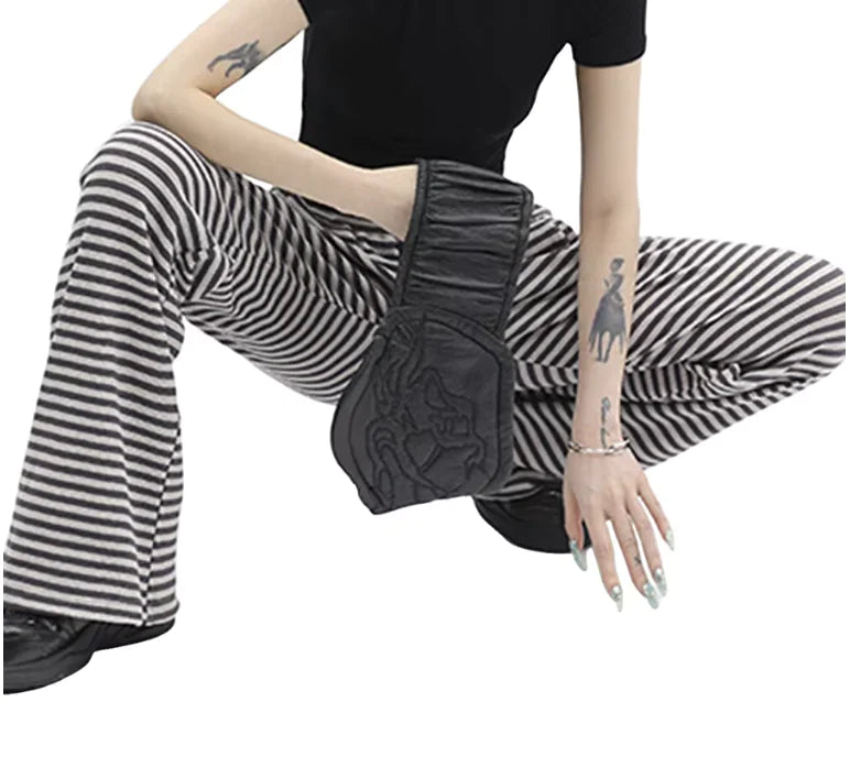 Women's Y2K Striped Knit Drawstring Pants - Low Rise, Wide Leg Lounge Trousers