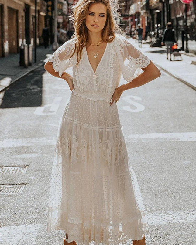Hollow Out White Dress Sexy Women Lace Long Dress
