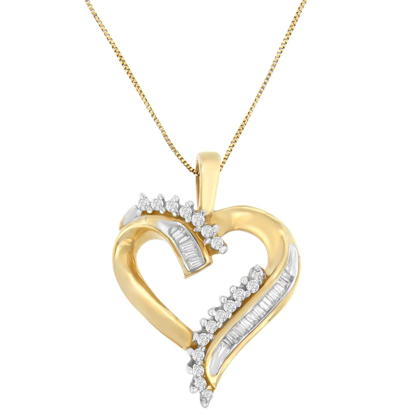 10K Yellow Gold Round and Baguette Diamond Love Forever Heart Pendant Necklace (1/4 cttw, H-I Color, SI1-SI2 Clarity)