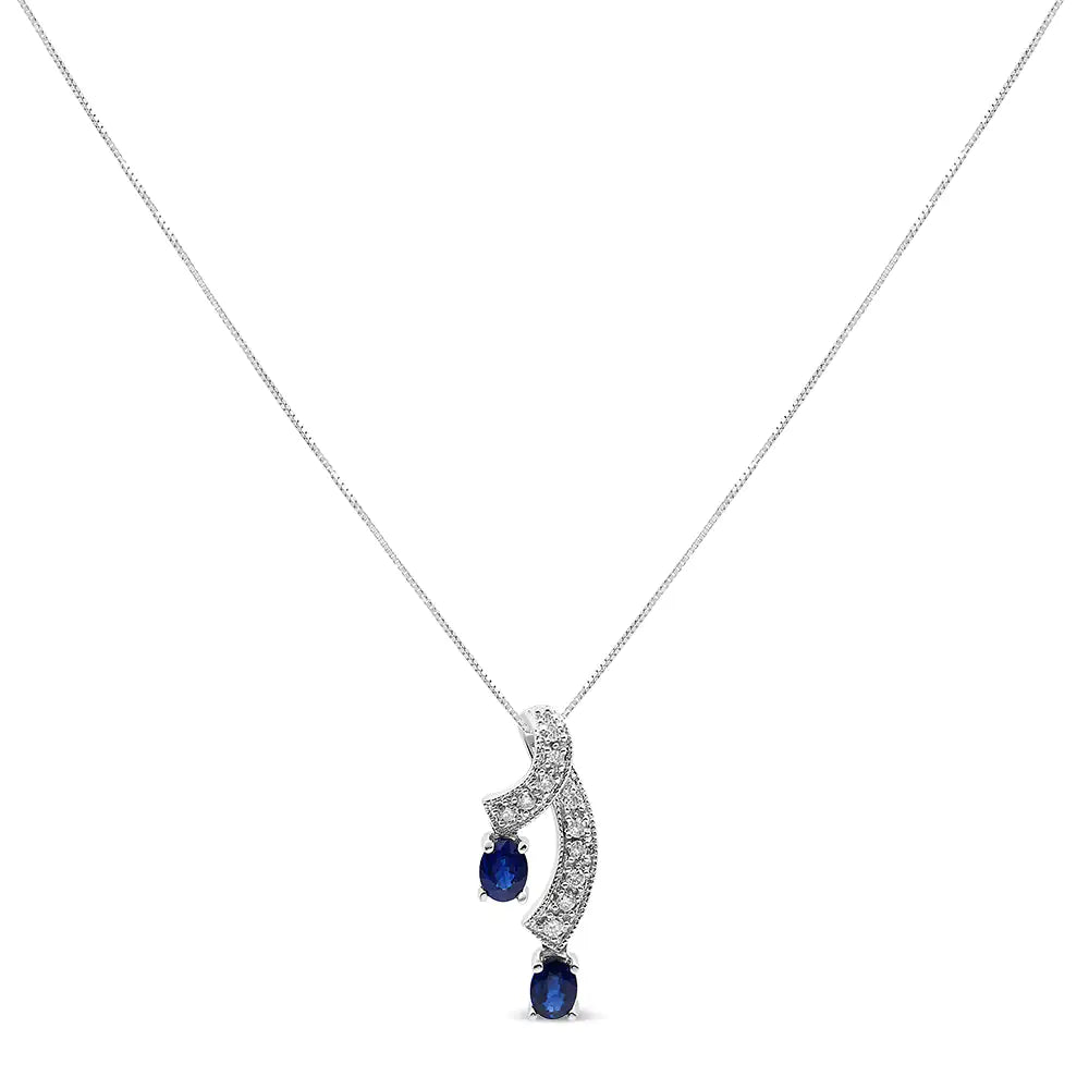 14K White Gold 5x4 MM Oval Shaped Natural Blue Sapphire and Diamond Accent Double Drop Ribbon 18" Pendant Necklace (J-K Color, SI2-I1 Clarity)