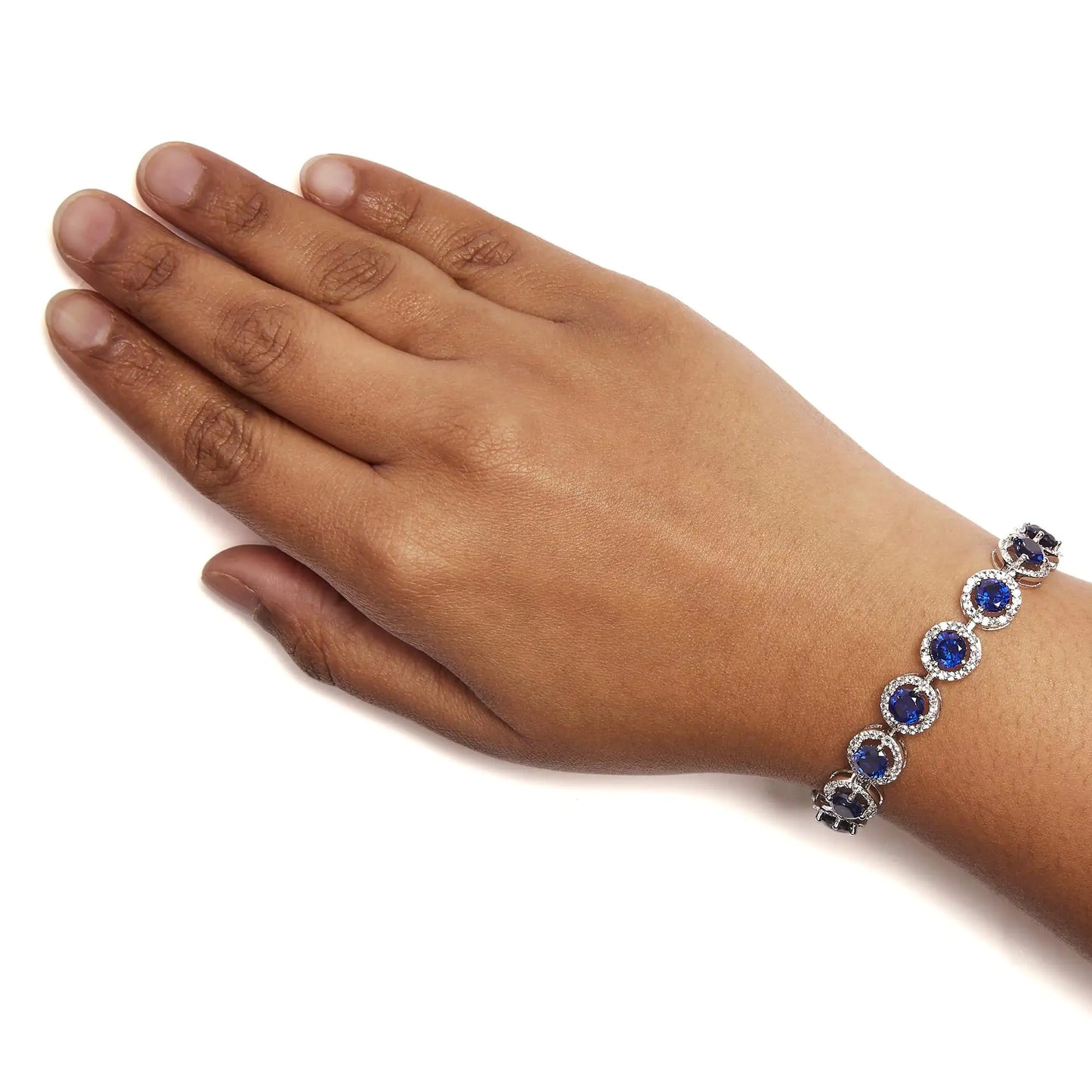 .925 Sterling Silver 21.0 Cttw Created Blue Sapphire and White Topaz Halo Link Bracelet - 7.25 inch