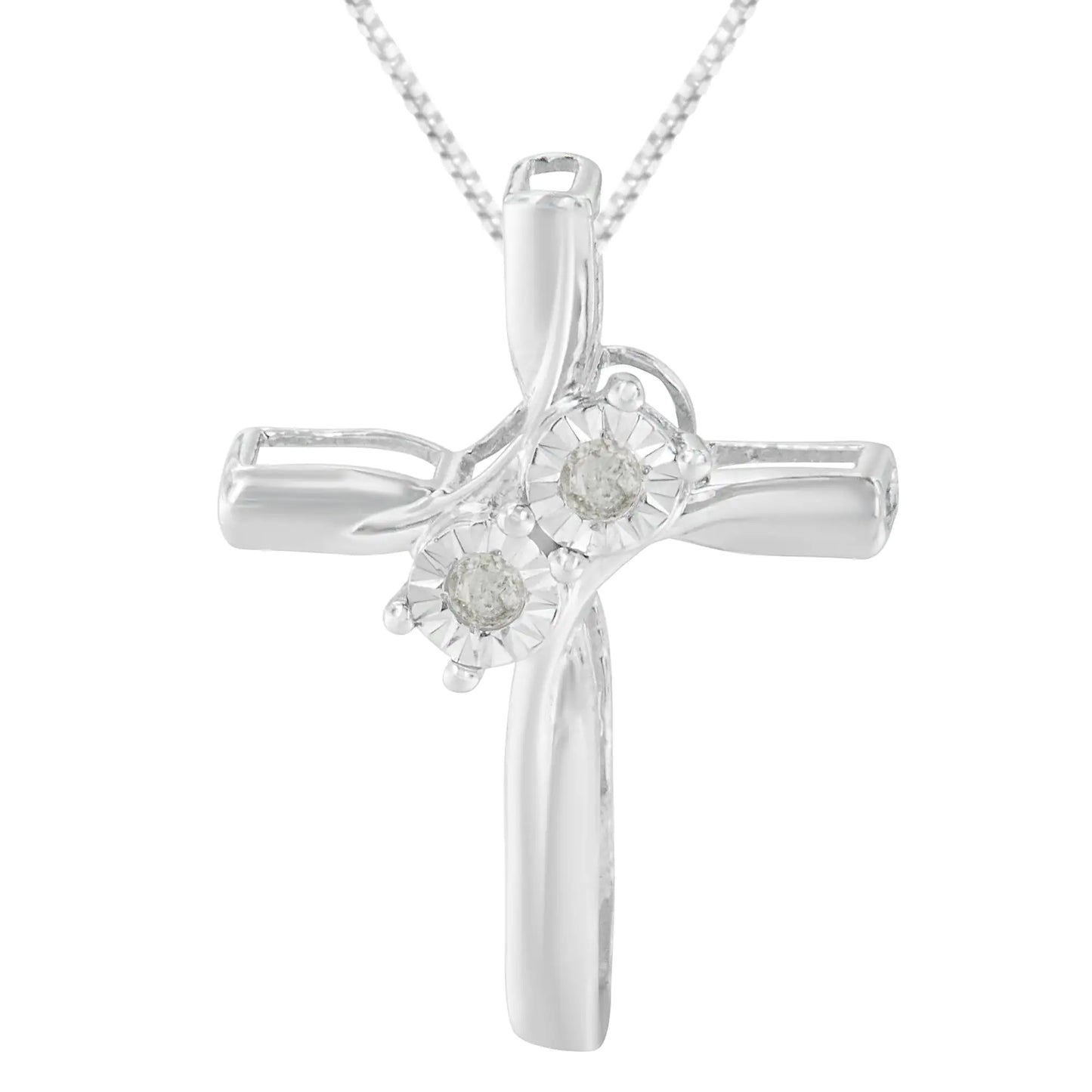 .925 Sterling Silver 1/10 Cttw Diamond Miracle-Set 2 Stone 'Together Forever' Curved Cross 18” Pendant Necklace (I-J Color, I2-I3 Clarity)