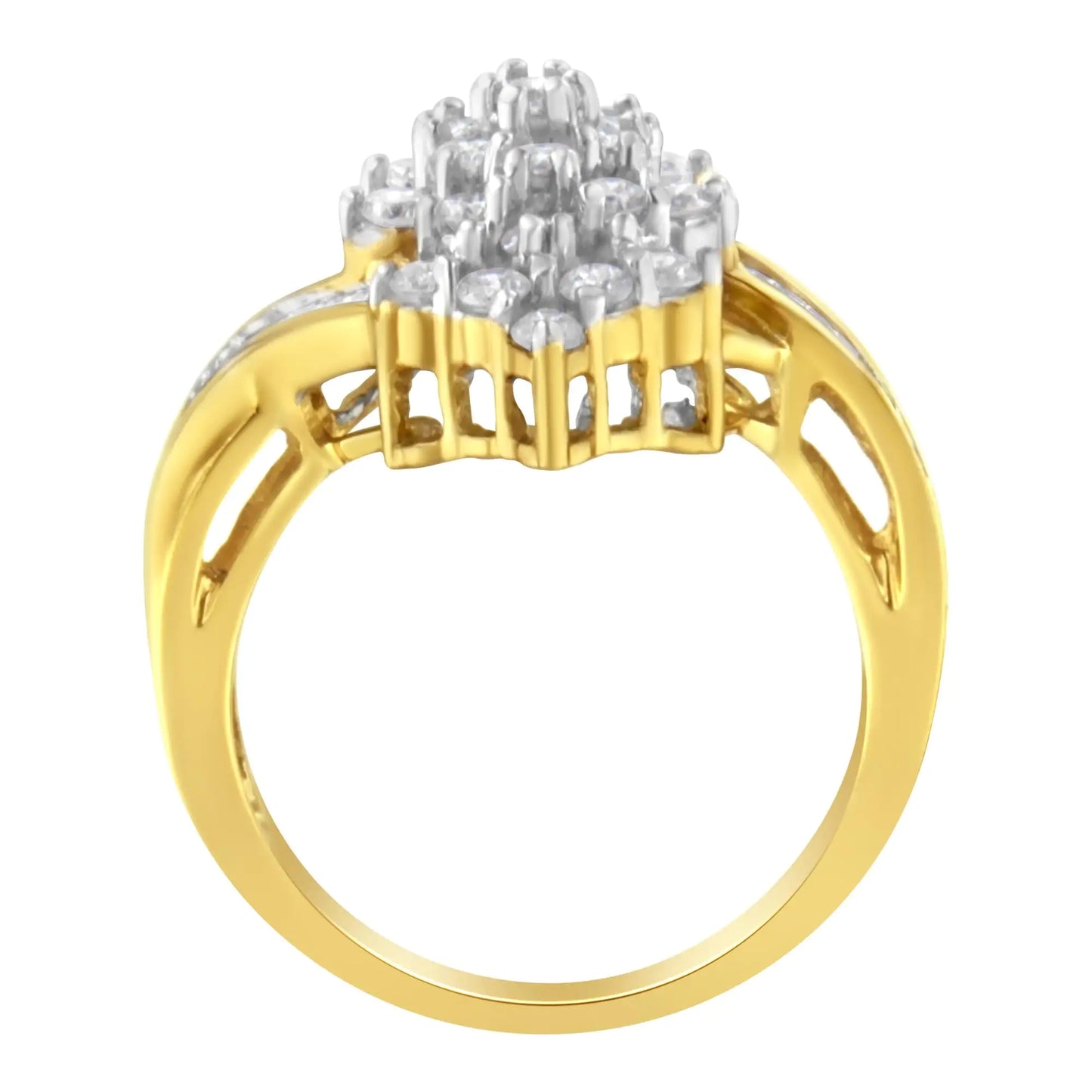 10K Yellow Gold Round And Baguette Cut Diamond Cluster Ring (1 1/10 Cttw, H-I Color, SI2-I1 Clarity)