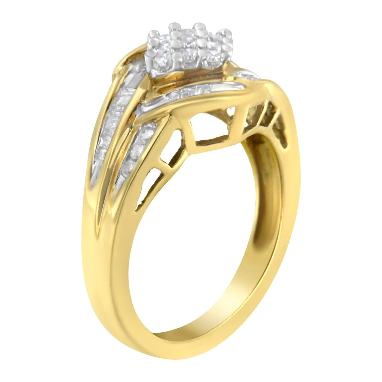 10K Yellow Gold Round and Baguette Cut Diamond Ring (1/2 Cttw, H-I Color, I1-I2 Clarity)