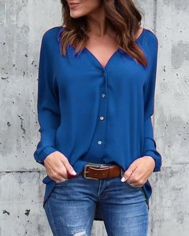 Women's V-Neck Buttoned Chiffon Blouse