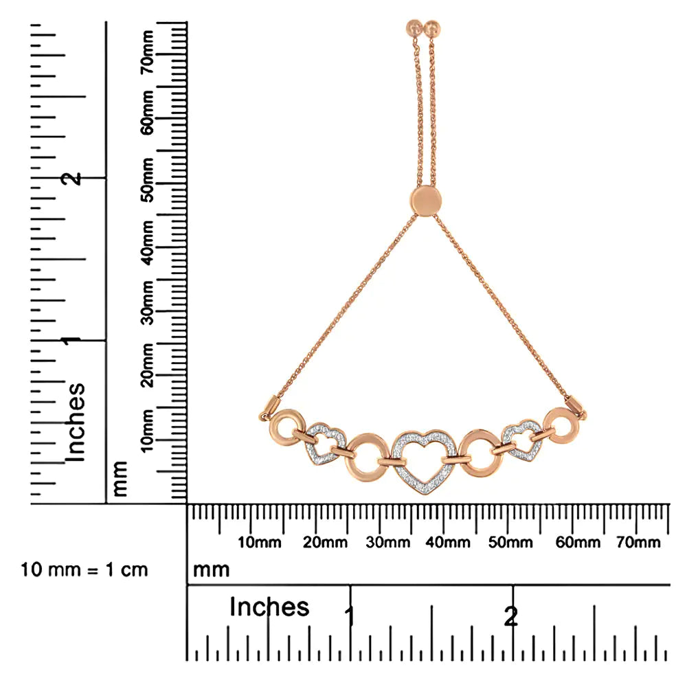 10K Rose Gold over .925 Sterling Silver 1/10 Cttw Round-Cut Diamond Heart Link Adjustable Bolo Bracelet (H-I Color, I2-I3 Clarity) - 6"-9" Adjustable