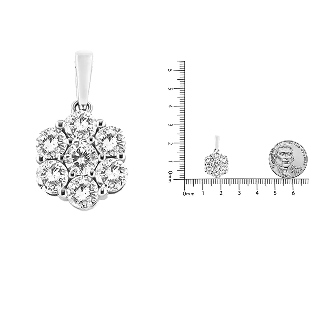 14K White Gold 2.00 Cttw Brilliant Round-Cut Diamond 7 Stone Flower Cluster 18" Pendant Necklace (H-I Color, SI2-I1 Clarity)