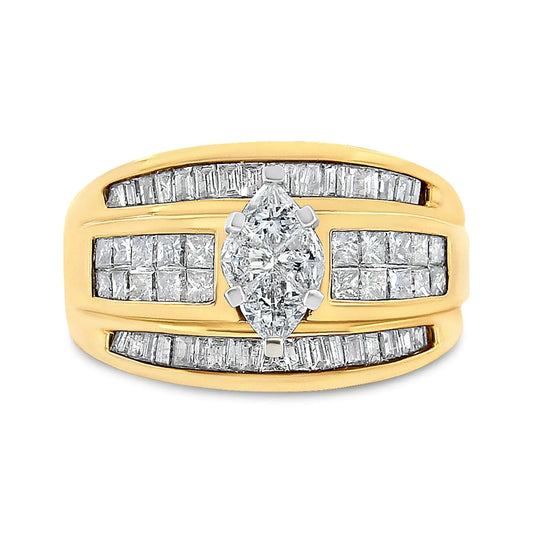 14K Yellow Gold 1 1/2 Cttw Pie, Princess and Baguette-cut Diamond Marquise Shaped Engagement Cocktail Ring Band (H-I Color, I1-I2 Clarity)