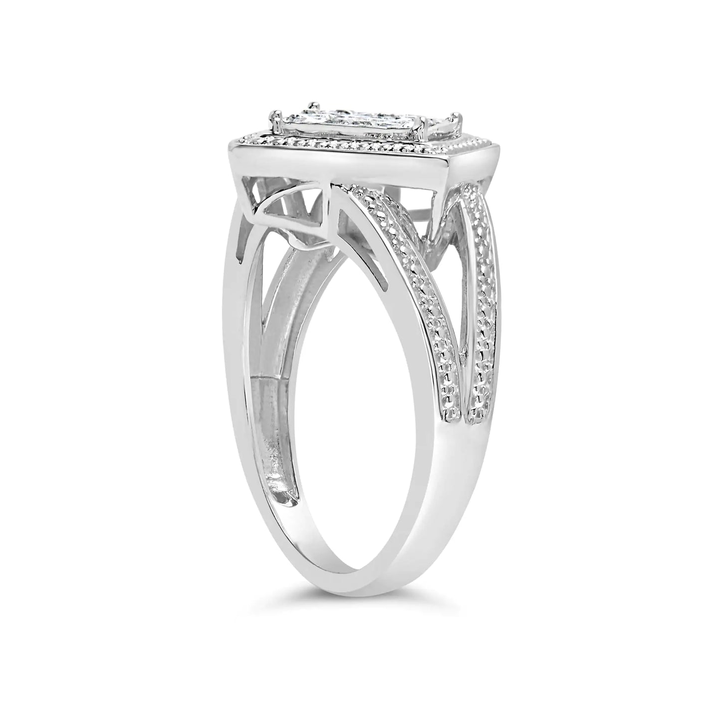 .925 Sterling Silver 1/3 Cttw Invisible Set Princess-Cut Diamond Rhombus and Beaded Halo Ring (H-I Color, SI1-SI2 Clarity)