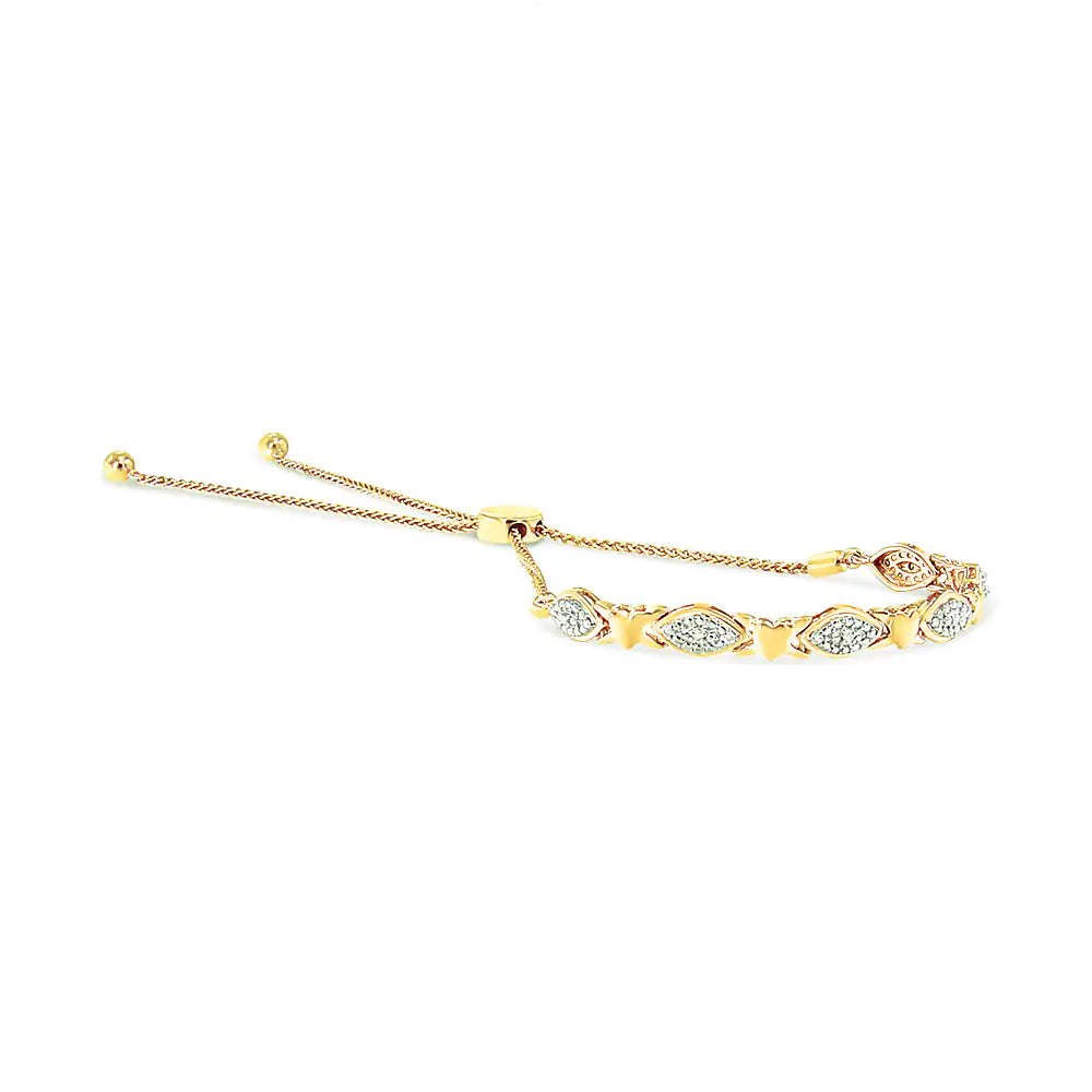 14K Yellow Gold Plated .925 Sterling Silver Diamond Accent Alternating Marquise Shape and Heart Links Bolo Bracelet (I-J Color, I3 Clarity) - Adjustable 6" to 9"