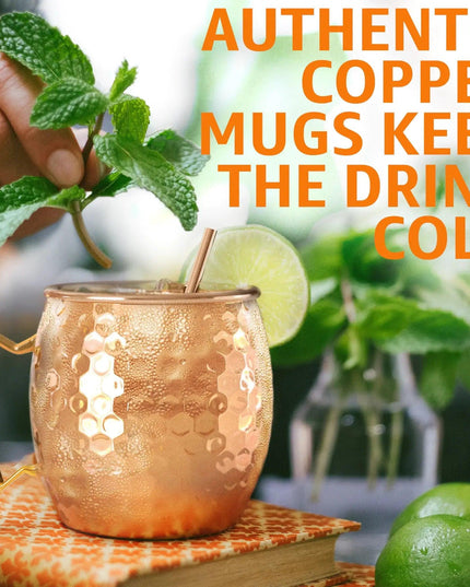 Moscow Mule Copper Mugs - Set of 2 - 100% HANDCRAFTED - Food Safe Pure Solid Copper Mugs - 16 oz Gift Set with BONUS - Highest Quality Cocktail Copper