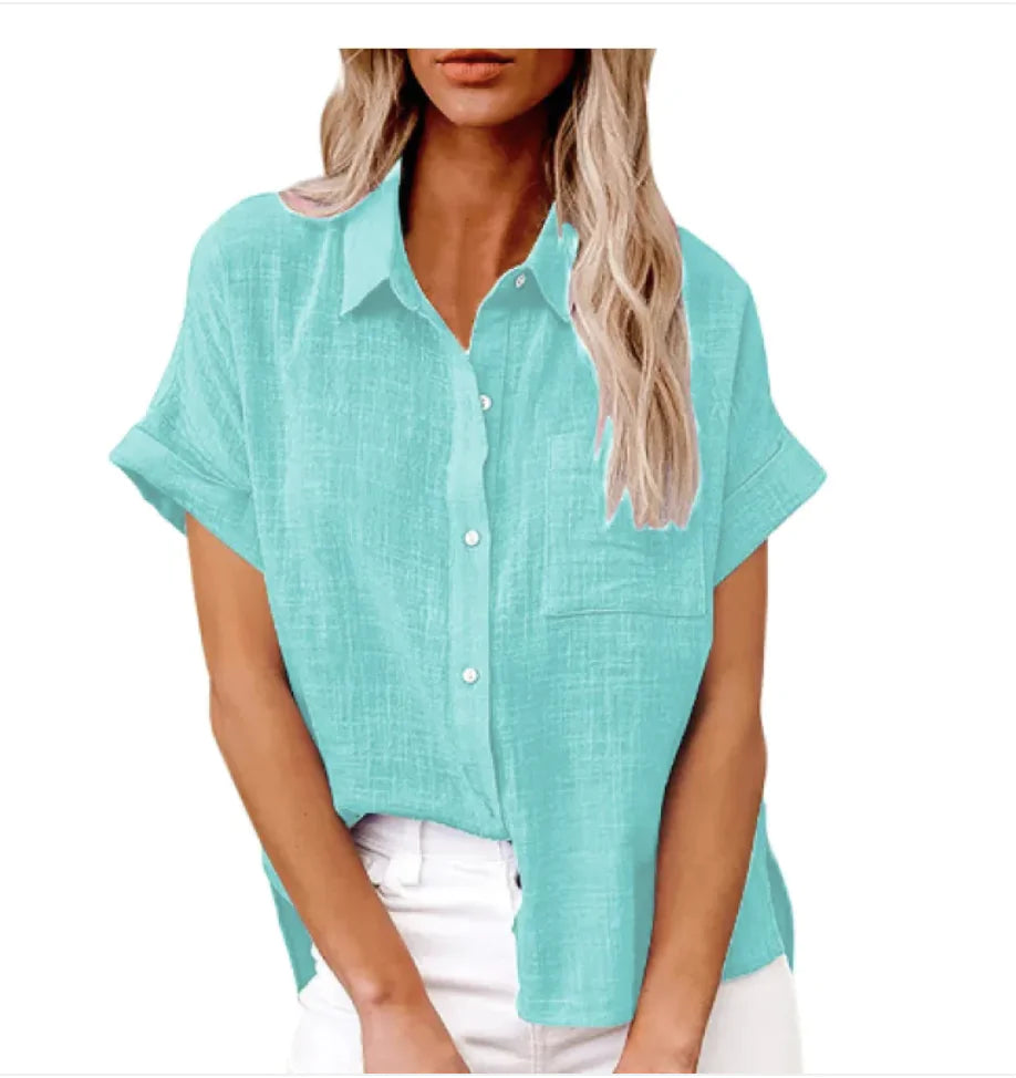 Women's Casual Cotton Linen Short-Sleeve Shirt with Pockets