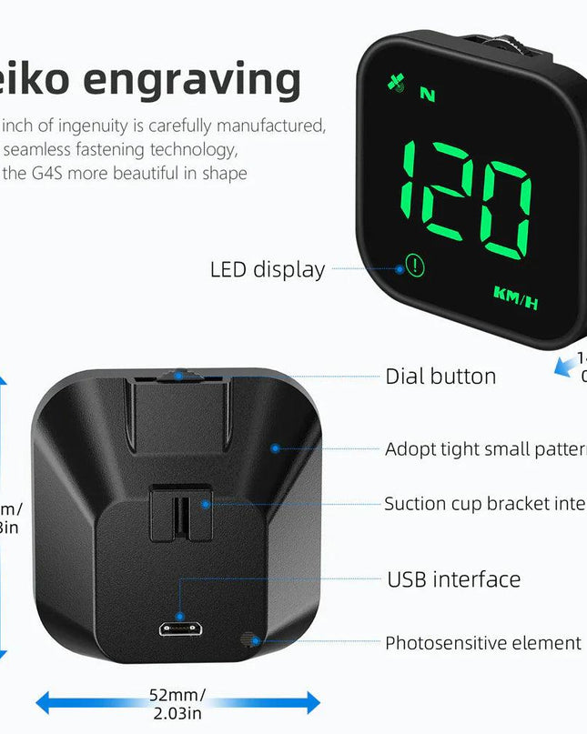 Digital Car HUD GPS Speedometer Head Up Display MPH KMH Compass Overspeed Alarm