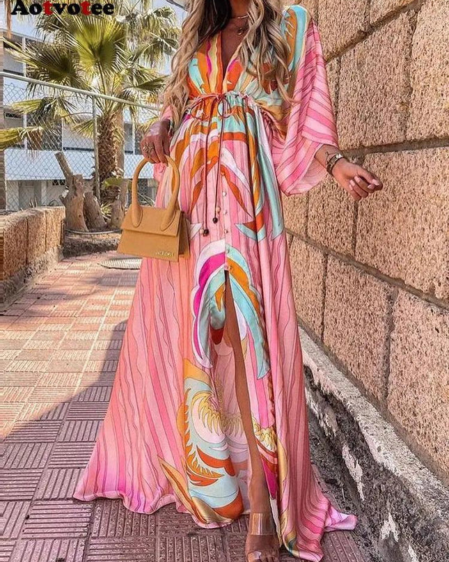 V-Neck Slit Leg Lace Dress