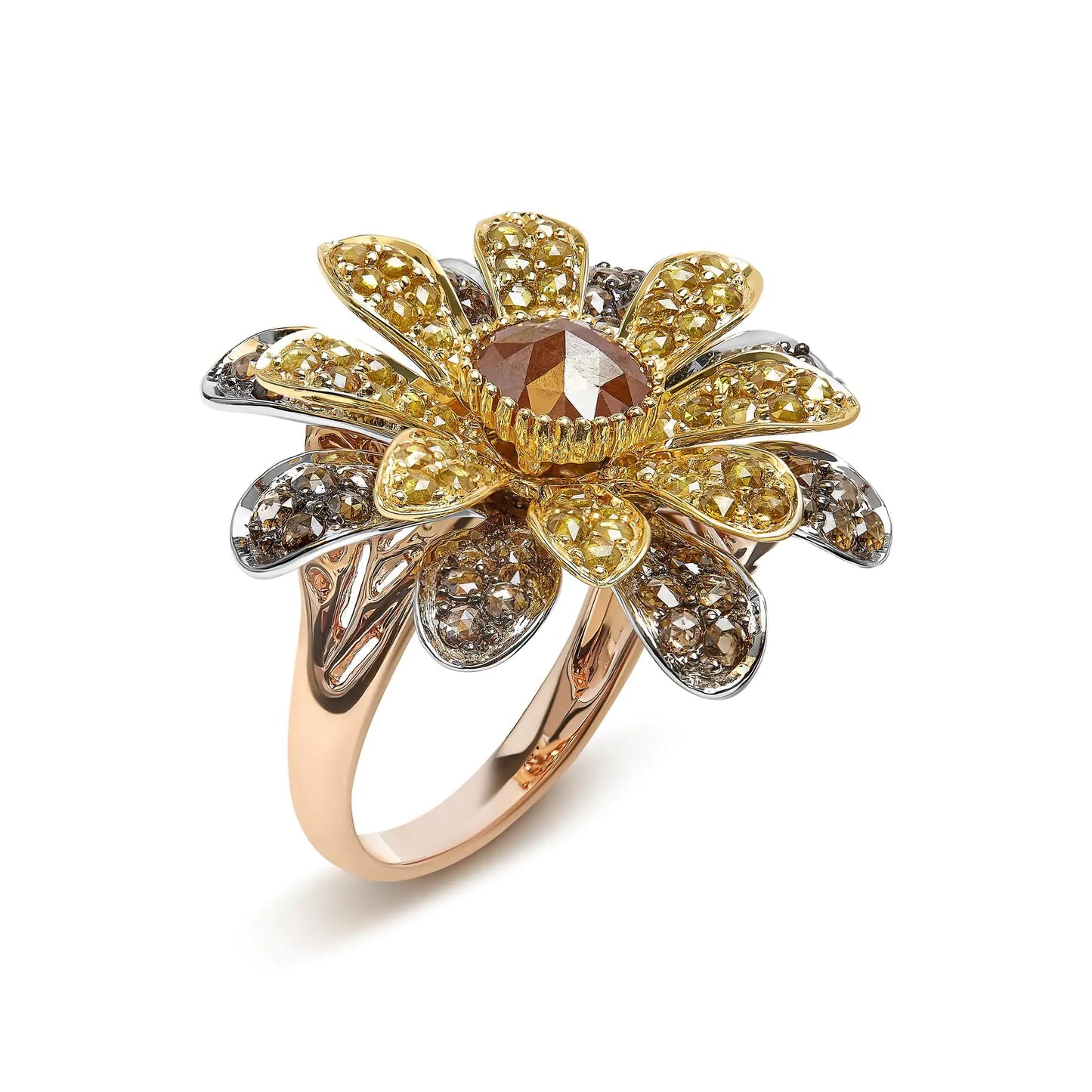 14K Tri-Toned 3 7/8 Cttw Rose Cut Diamond Cocktail Double Flower and Petal Cocktail Ring (Fancy Color, I1-I2 Clarity) - Size 7