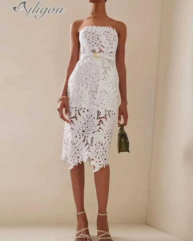 White Midi Dress Flower Cut-Out Elegant Celebrity Party Dress