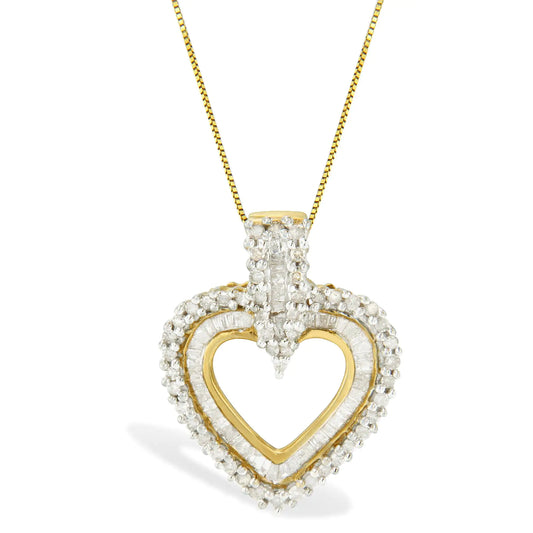 10K Yellow Gold Round and Baguette Cut Diamond Heart Shaped Pendant Necklace (1 cttw, H-I Color, I2-I3 Clarity)