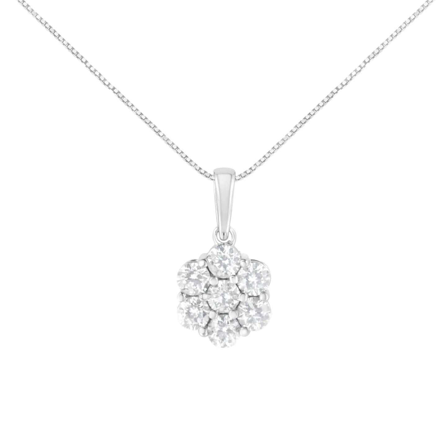 14K White Gold 2.00 Cttw Brilliant Round-Cut Diamond 7 Stone Flower Cluster 18" Pendant Necklace (H-I Color, SI2-I1 Clarity)