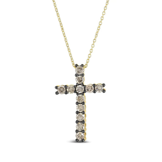 10K Yellow Gold Plated .925 Sterling Silver 1.00 Cttw Traditional Diamond Cross 18" Pendant Necklace (Champagne color, I2-I3 Clarity)