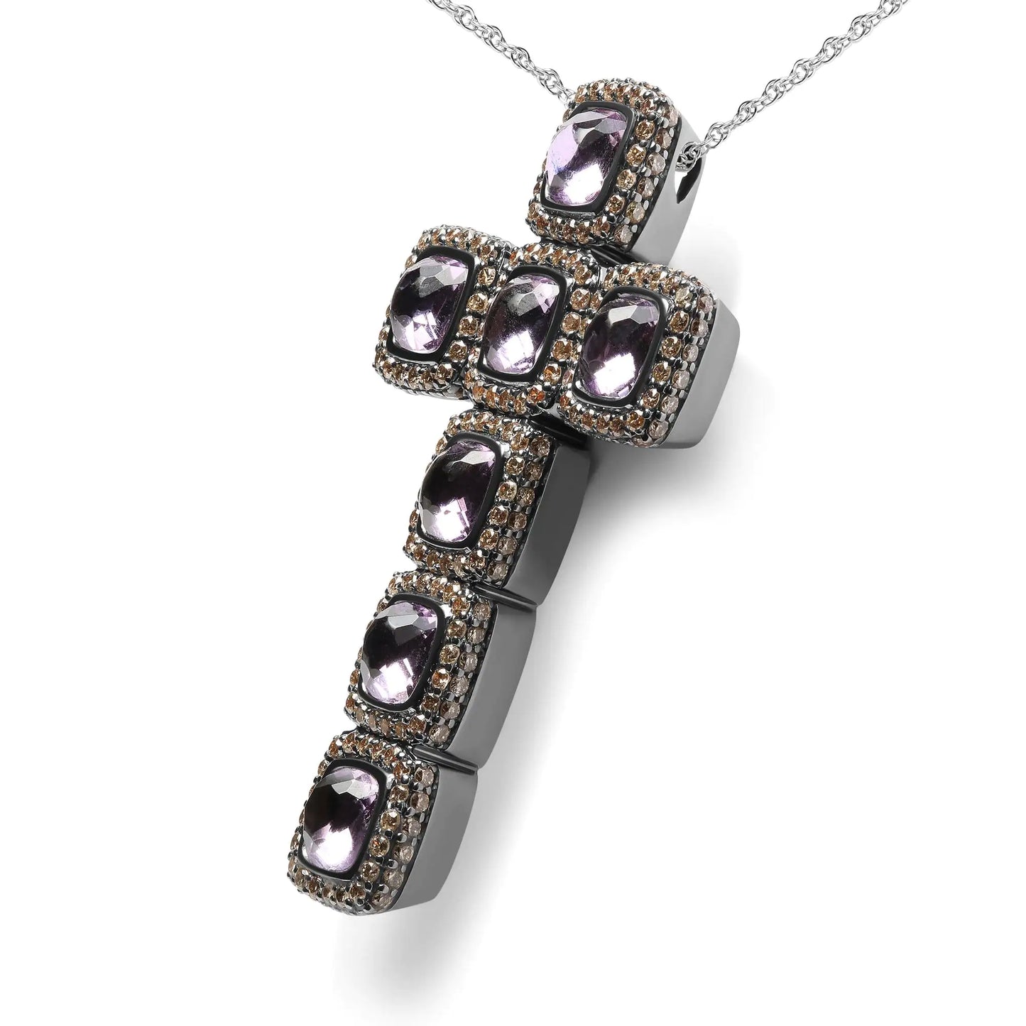 Black Rhodium Plated 18K Rose Gold 1 1/2 Cttw Brown Pave Diamonds and Cushion Cut Rose De France Amethyst Halo Cross 18" Pendant Necklace (Brown Color, SI1-SI2 Clarity)