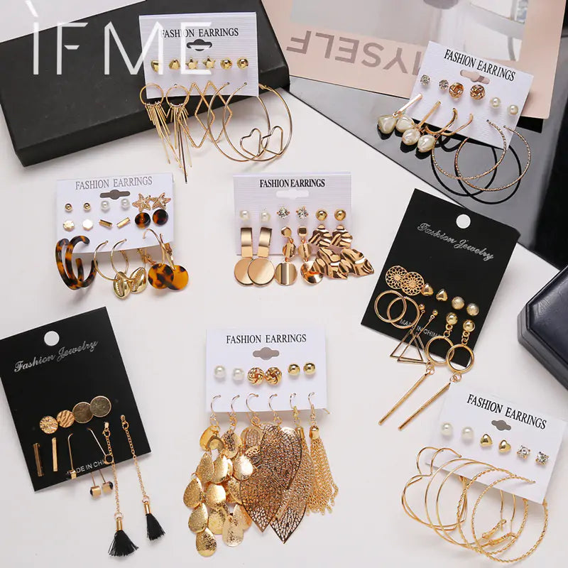 Gold Sequin Drop Earrings Set