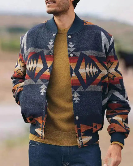 Geometric Pattern Stand Collar Cardigan Jacket