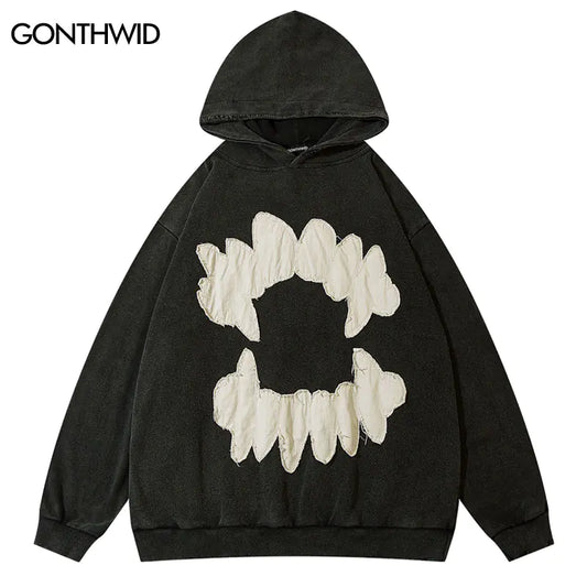 Ripped Embroidery Teeth Patch Hooded Streetwear