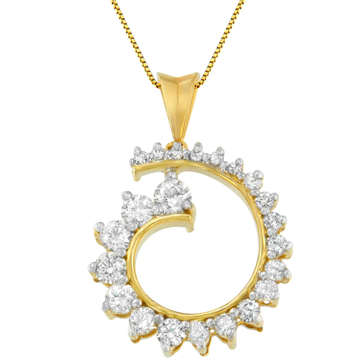 10K Yellow Gold Round Cut Diamond Curve Pendant Necklace (1.00 cttw, H-I Color, I1-I2 Clarity)