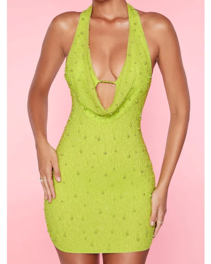 Beaded Pockets Collar Hollow-out Vest Type Dress