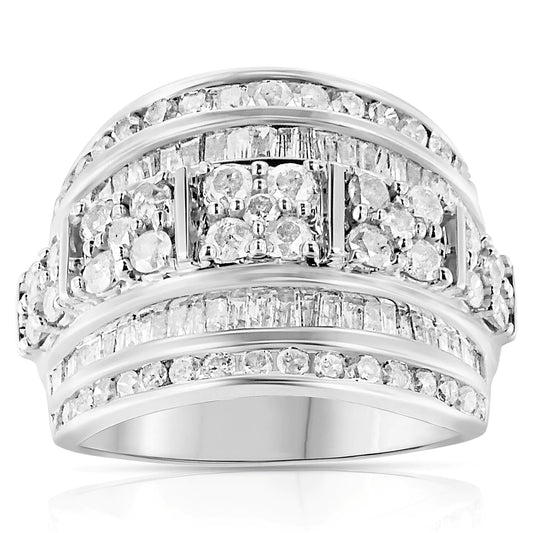 .925 Sterling Silver 2.0 Cttw Round & Baguette Cut Diamond Multi-Row Channel Set Tapered Cocktail Fashion Ring (I-J Color, I3 Clarity)