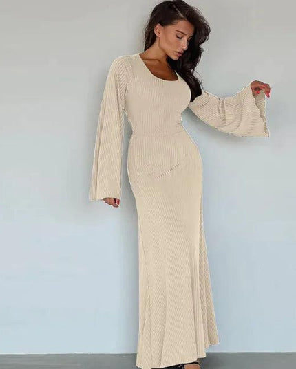 Fashion U-neck Dress Back Lace-up Long Bell Sleeve Dresses Women