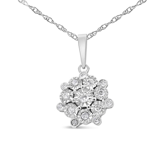 .925 Sterling Silver 1/4 cttw Diamond Floral Cluster Pendant Necklace (I-J, I2-I3)